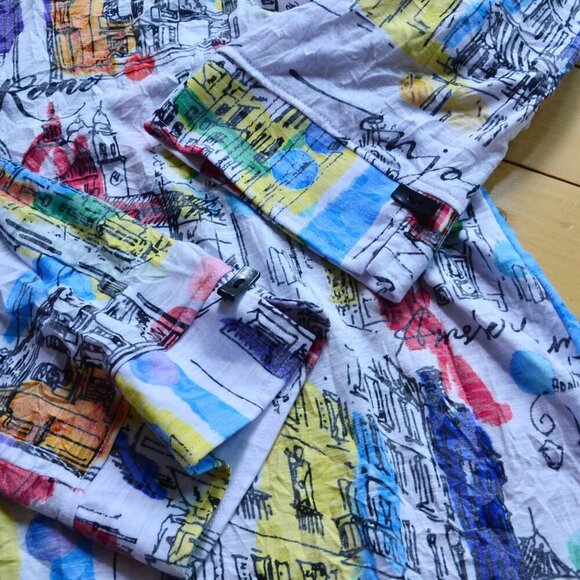 Ali Miles Art Wear Stretch Knit Button Up Shirt Short Sleeve City Print Size 1X - Picture 8 of 13